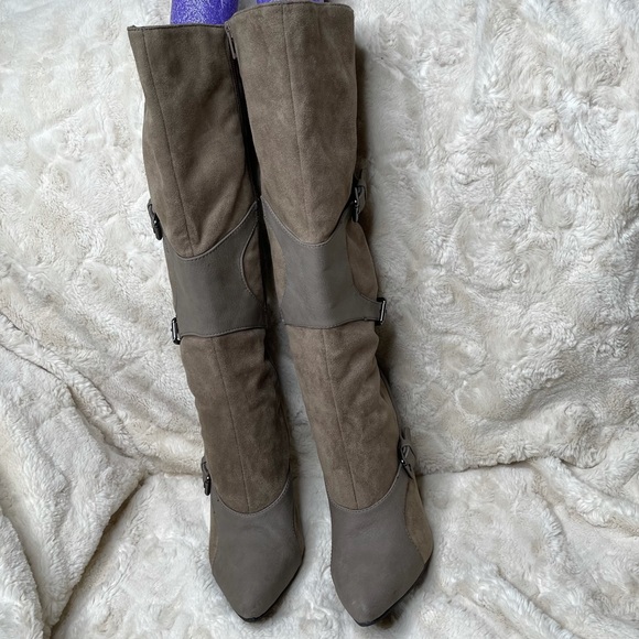 American Exchange Mid Calf Stiletto Boots Grey Buckles - Picture 8 of 13